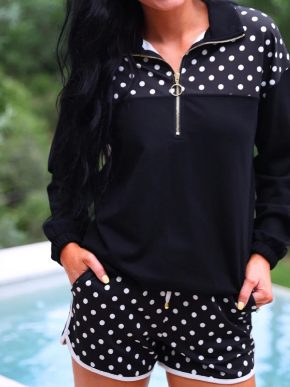 Black Polka Dot Quarter-Zip Pullover Hoodie by JESS LEA